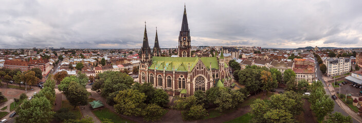 180 degrees panoramic landscape of Lviv city with old Neo-Gothic style church of Sts. Olha and...