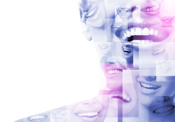 Double exposure of laughing people with great teeth and smiling blured faces. Healthy beautiful smiles. Teeth health, whitening, prosthetics and care. Positive expressions