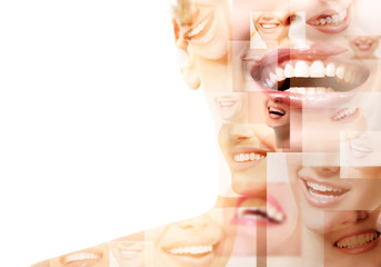 Double exposure of laughing people with great teeth and smiling blured faces. Healthy beautiful smiles. Teeth health, whitening, prosthetics and care. Positive expressions