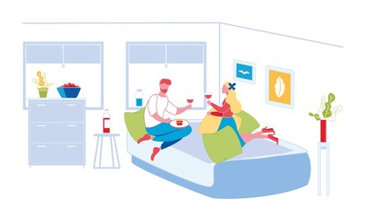 Woman and Man Couple Sitting Indoor Apartment on Bed Holding Glass of Wine and Eat Food. Relaxing, Romantic Date. Male Character Holding Plate with Cake. Modern Flat Vector Illustration