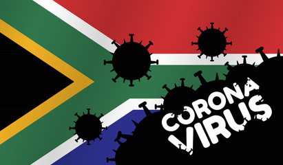 Coronavirus in South Africa. Flag of  South Africa, words Corona Virus and virus silhouette