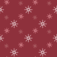 Seamless pattern with pink and white snowflakes on dark red background. Vector image.