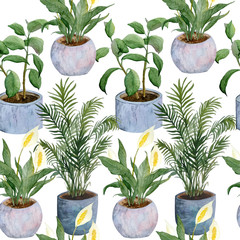 watercolor hand drawn seamless pattern areca phoenix parlor palm, ficus rubber plant and peace lily Spathiphyllum pot for urban jungle nature lovers indoor houseplants gardening lush greenery flower