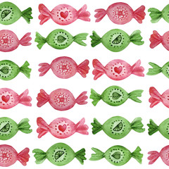 watercolor seamless hand drawn pattern on white isolated background red pink green candies sweets heart leaf lime tasty delicious summer treat bright intense vibrant colorful watermelon kiwi heart