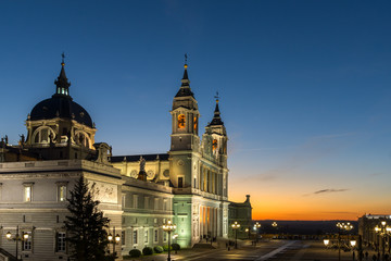 Sunset view of Almudena Cathedral in City of Madrid