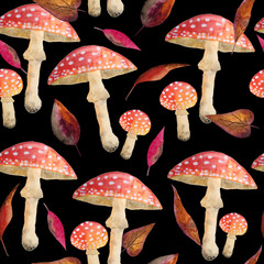 watercolor hand drawn seamless pattern with agaric amanita poisonous dangerous forest wood mushrooms fungi in red orange leaves on dark black background for scary Halloween party design textile