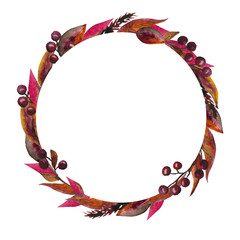 hand drawn watercolor round circle frame with dark red marsala burgungy berries brown dry leaf leaves wood forest elements in botanical illustration for nature lovers on white isolated background