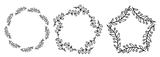 Set of -- frames with floral elements. Rustic. Hand drawn simple line. Black stroke.