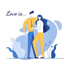 Two Young Loving Couple in Romantic Relation Cartoon. Man and Woman in Love Embracing. Boyfriend and Girlfriend Portrait. Hugging, Cuddling, Kissing. Happiness and Tenderness. Vector Flat Illustration