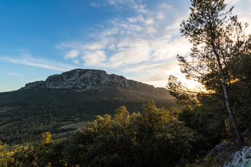 Lumière rasante du coucher de soleil sur la végétation et le Pic Saint-Loup (Occitanie, France)