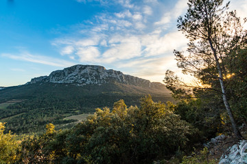 Lumi&egrave;re rasante du coucher de soleil sur la v&eacute;g&eacute;tation et le Pic Saint-Loup (Occitanie, France)