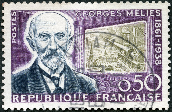 FRANCE - 1961: shows Marie Georges Jean Melies (1861-1938), filmmaker motion picture pioneer, A Trip to the Moon (1902), screen, 1961