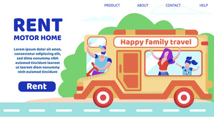 Informative Banner Inscription Rent Motor Home. Bus Sign Happy Family Travel. Promotional Flyer Application for Renting Van for Family Trip Cartoon. Vector Illustration Landing Page.