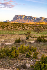 Face nord du Pic Saint-Loup, illuminée par le soleil couchant, dans un paysage quasi désertique de garrigue (Occitanie, France)
