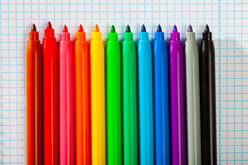 Set of multicolored felt tip on checkered sheet of paper
