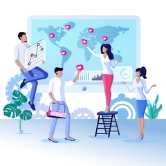 Bright Banner Target Audience Management Flat. Marketing Includes Listening to Customer Opinions. Girl Stands on Stairs and Wheezes Hearts on World Map. People are Standing around and Looking.