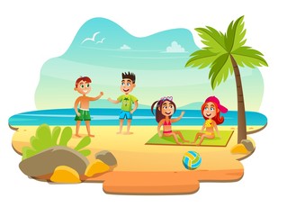 Obraz na płótnie Canvas Children Having Rest on Beach near Ocean at Summer Camp Flat Cartoon Vector Illustration. Girls Sitting on Rubber Mat and Talking. Boys Playing Standing on Sand. Palm Trees and Sea.