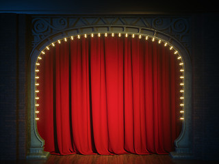 Dark empty cabaret or comedy club stage with red curtain and art nuovo arch. 3d render - obrazy, fototapety, plakaty