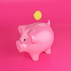 Piggy Bank with a coin on a pink background. 3D render