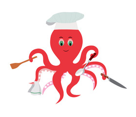 vector illustration of an octopus cook, professional cook, catering establishment, fast food restaurant sign concept, food service sign