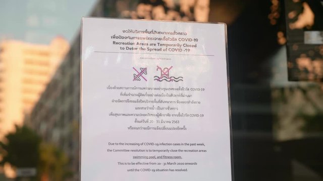 Coronavirus COVID-19 - Announcement About Quarantine and Closing the Recreation Areas with Swimming Pool and Gym in Condominium Residential Complex in Hua Hin, Thailand