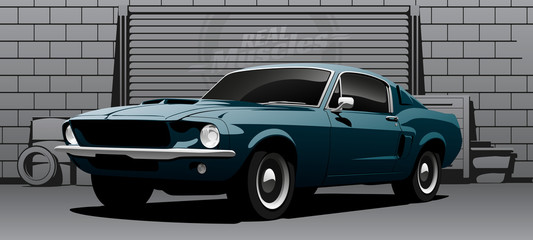 Blue muscle car in garage, vector illustration.