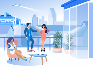 Man in Suit Communicates with Beautiful Woman in Business Suit. Woman with Notepad Sitting in Chair near Table. Coworking Center. Vector Illustration. Workflow in Office. Communicate in Office.