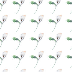 Hand drawn watercolor white calla lily flowers and green leaves Seamless pattern on white background