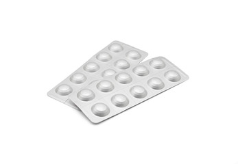 Close up on tablets and capsules pill in blister packaging arranged.Pharmaceutical industry concept. Pharmacy drugstore, Amoxicillin capsule pills, isolated on white background with clipping path.