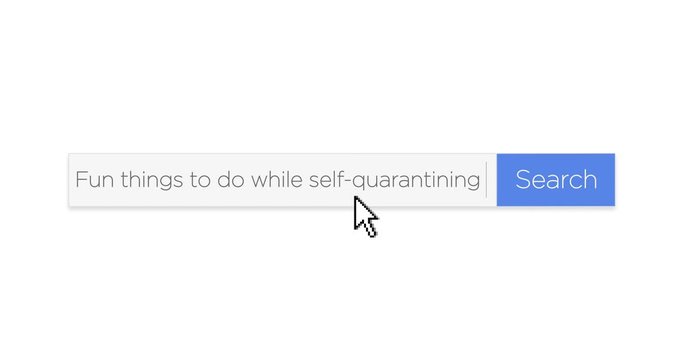 A graphical web search box asking the question, "Fun things to do while self-quarantining?" With optional luma matte.  	