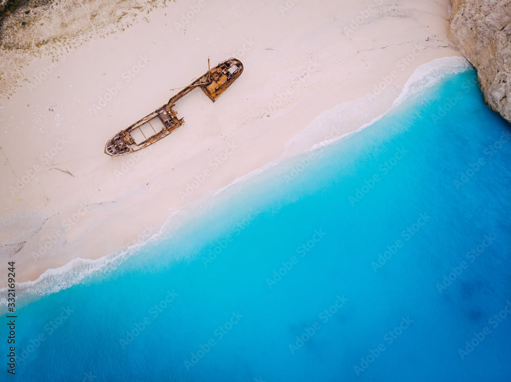 Poster Top down View Navagio Bay Shipwreck Beach no people, Greece, Zakynthos