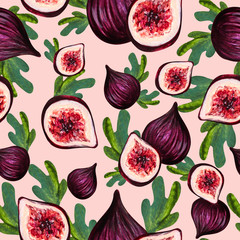 Seamless isolate pattern with figs. Tropical cut fruit. Hand-drawn acrylic illustration. Design for cards, Wallpaper, fabric.