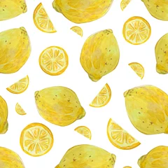 Photo sur Plexiglas Citrons Isoler le modèle sans couture avec du citron. Fruits coupés tropicaux. Illustration acrylique dessinée à la main. Conception pour cartes, papier peint, tissu.