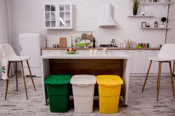 Recycle bins in the kitchen. Household waste sorting. 