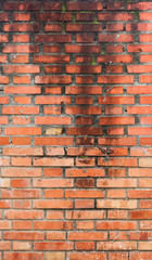 big old wet wall with water dripping from up to down on the orange bricks - vertical background texture