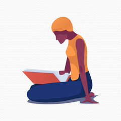 Afro American Woman Character Reading. Female Reader or Literature Lover Sits with Print Edition Side View. Book Festival Design. Fair and Reading Challenge Idea. Vector Isolated on White Illustration