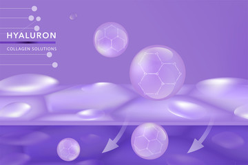 Hyaluronic acid skin solutions ad, purple collagen serum drop with cosmetic advertising background ready to use, illustration vector.	