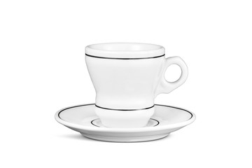 White coffee cappuccino cup with saucer isolated on white background