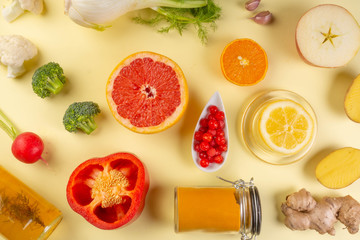 Immune boosting health food selection over yellow background