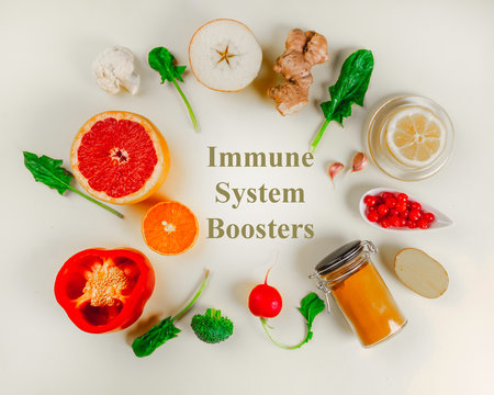 Immune boosting health food selection over yellow background