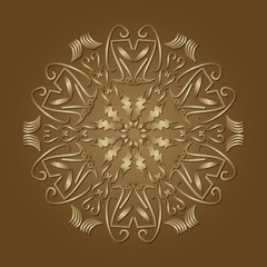 Circle filigree ornament in luxurious gold design. Elegant geometric patterns with 3d embossed effect. Antiquarian motif in art deco style, vector design