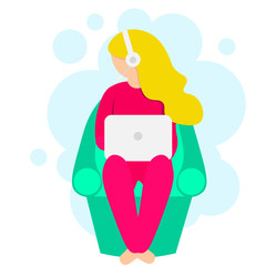 Young blond woman in home clothes sitting in armchair with laptop and headset. Concept telework, freelance and home office. Female character in warm pajamas with computer on  lap. Illustration in flat