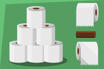 Toilet paper icon set. Isometric vector illustration. Toilet roll pyramid, toilet tissue hanging and cardboard tube icons. Concept for personal hygiene, panic buying, daily sanitary. 