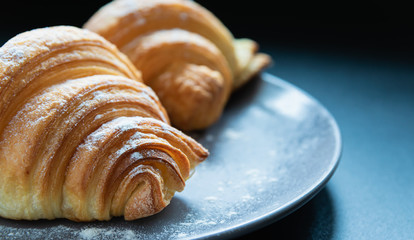 two croissants sprinkled with powder on a plate on a blue background