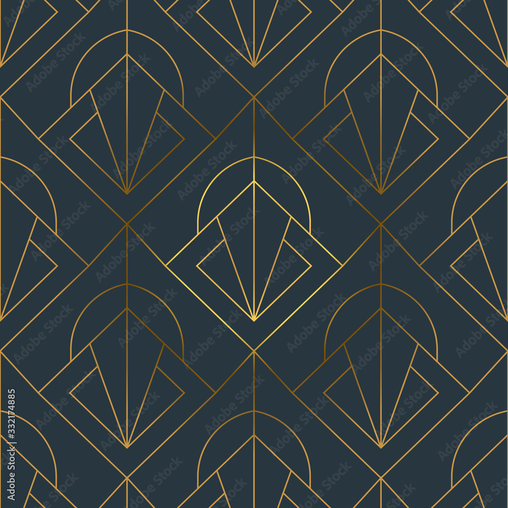 Wall mural Abstract art deco gold black line seamless pattern