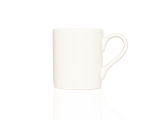 white ceramic coffee cup isolated on white background with reflection and clipping path. empty space for text design advertising.