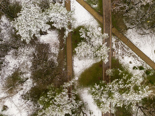 Flying over prak in the early spring. The snow is melting and the grass is green among the paths....