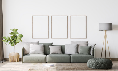 contemporary interior design for 3 poster frames in living room mock up with green couch, wooden pot and floor lamp, template, 3d render, illustration