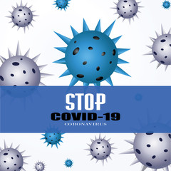 Stop Coronavirus disease COVID-19 infection medical. Background with realistic 3d red and white virus cells. danger symbol vector illustration.