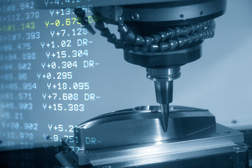 The abstract sceneof 5-axis CNC milling machine  cutting the mold parts by solid barrel endmill...